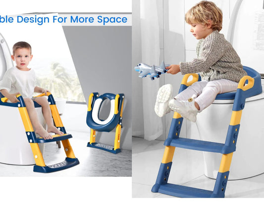 Foldable step stool for kids in blue and yellow with safety handles and non-slip steps