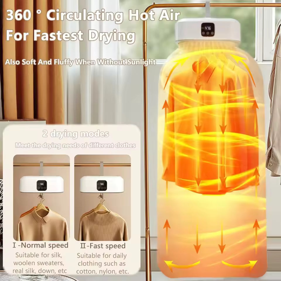 Clarify.pk foldable travel clothes dryer with 360-degree circulating hot air and two drying modes for fast drying