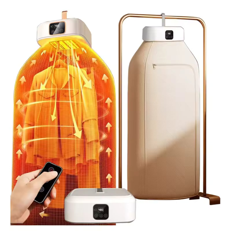 Clarify.pk foldable travel clothes dryer with remote control showing heated airflow drying clothes efficiently