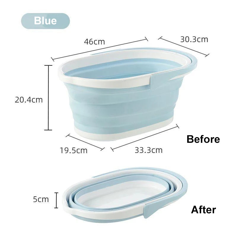 Blue folding mop bucket by Clarify.pk showing expanded and collapsed dimensions for easy storage