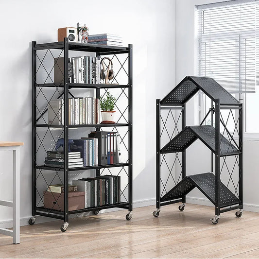 Black folding wrought iron shelf with wheels shown in open and folded positions holding books and decor