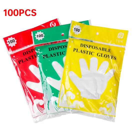 Clarify.pk food grade disposable gloves in red green and yellow packaging 100 pieces each