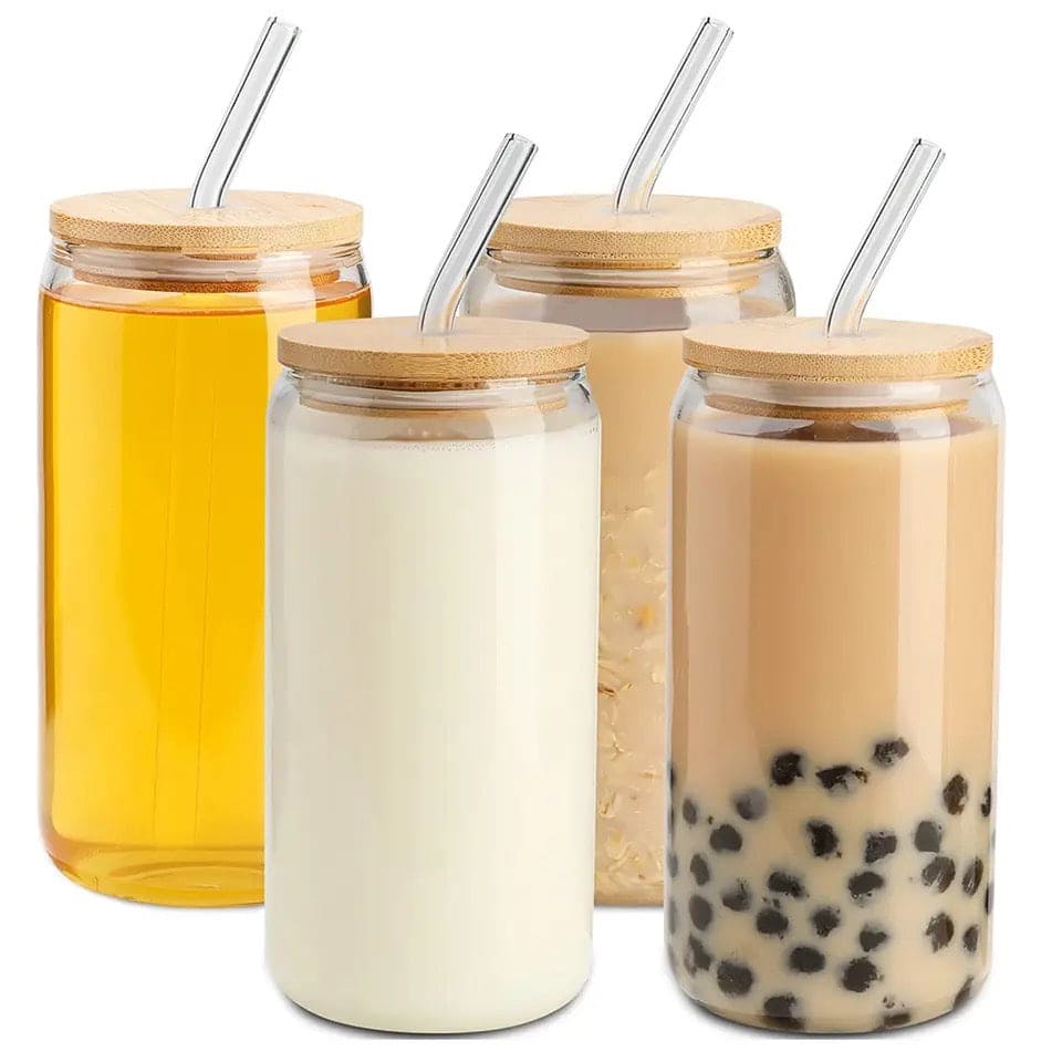 Set of clear glass cups with bamboo lid iced coffee mug style and reusable straws for cold beverages
