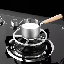 Clarify.pk gas stove stabilizer bracket holding a pot with wooden handle on a black gas stove burner