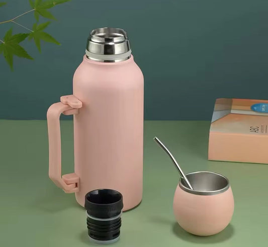 1200ml stainless steel thermos in pink with handle, lid, and matching cup with metal straw