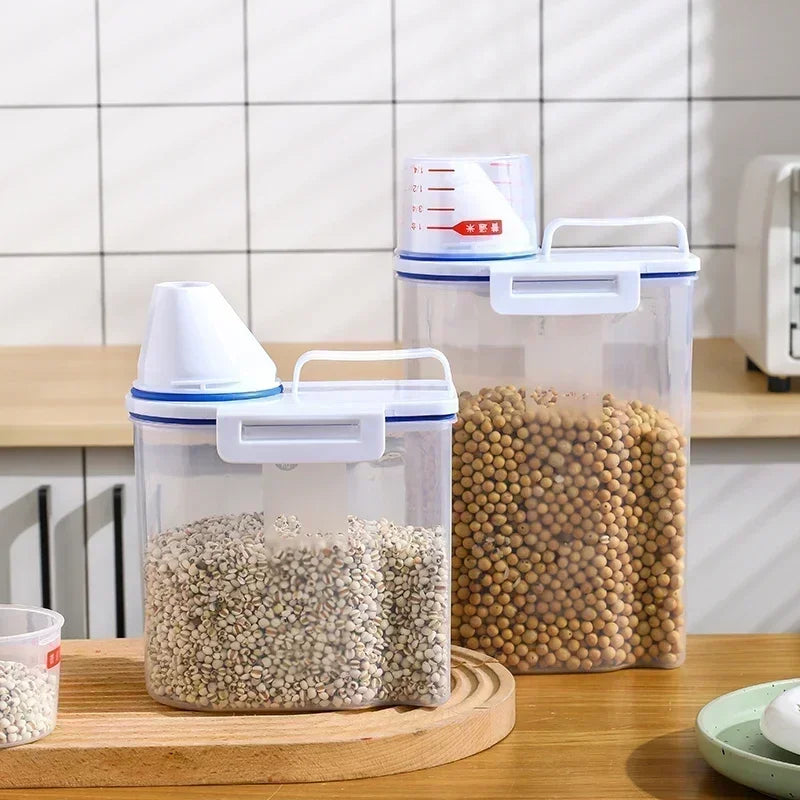 2.5kg airtight storage bucket set with white lids filled with grains on wooden kitchen counter