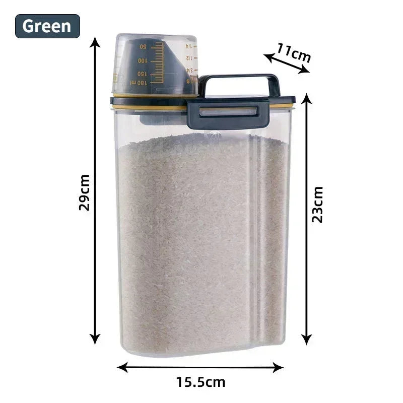 Green 2.5kg airtight storage bucket with measuring cup and handle for kitchen use