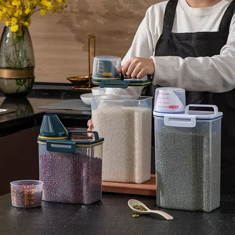 2.5kg airtight storage bucket filled with rice and beans on kitchen countertop with measuring cups