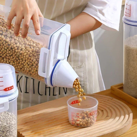 2.5kg airtight storage bucket with spout dispensing soybeans into measuring cup on wooden board