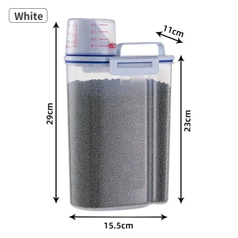 White 2.5kg airtight storage bucket with measuring cup and secure handle by Clarify.pk
