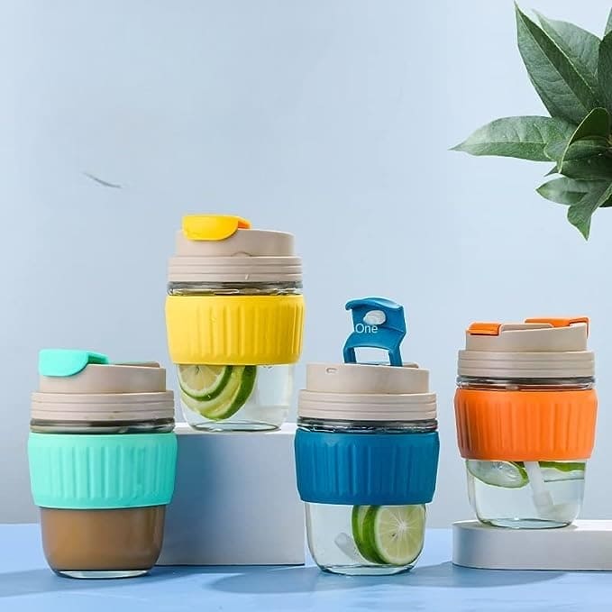 Clarify.pk 350ml cute travel mug set with silicone sleeves in blue, orange, yellow, and teal colors