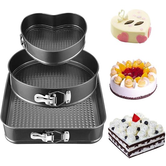 Set of nonstick CAKE PANS in heart, round, and square shapes with lockable clasps for easy cake removal