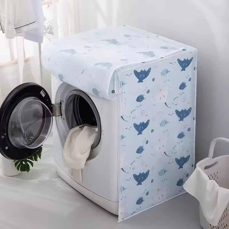 White drum washing machine cover with blue fish and sea designs protecting front-loading washer