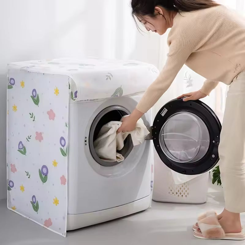 Woman using a front load washing machine with a floral printed drum washing machine cover