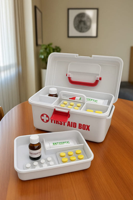 Clarify.pk white first aid kit box with red handle and compartments containing antiseptic and pills on wooden table