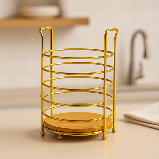 Golden holder with circular metal rings and wooden base for kitchen or home organization