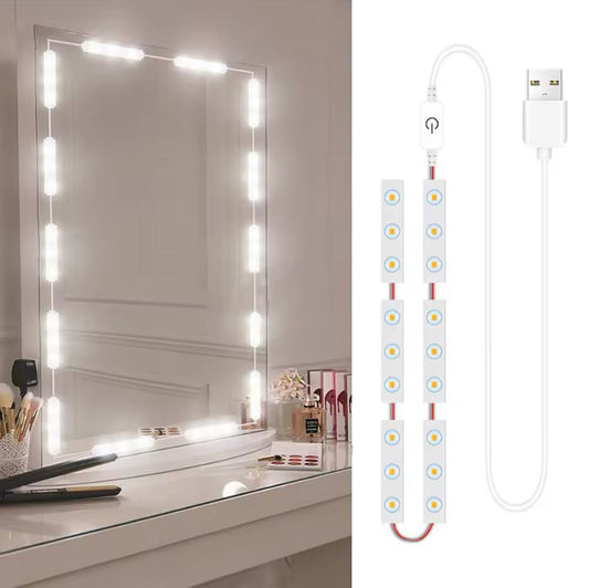 USB powered LED vanity mirror lights with bright white bulbs attached to a mirror for makeup lighting