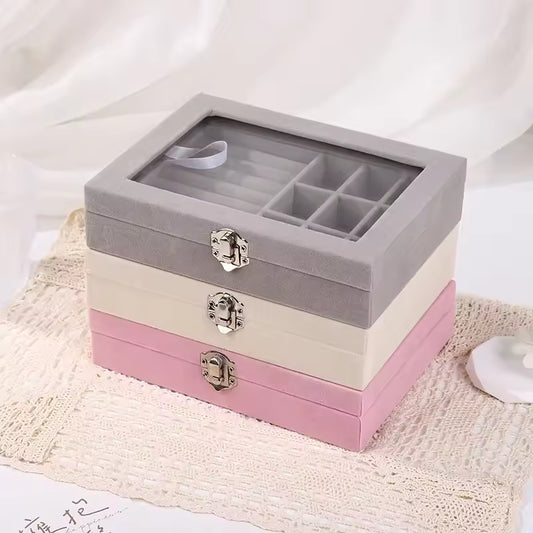 Clarify.pk pearl earring and ring organizer cosmetic case with three stacked compartments in gray, beige, and pink