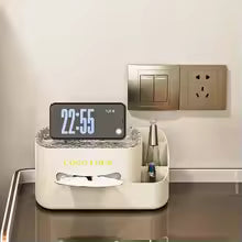Clarify.pk plastic storage box organizer with compartments holding clock and toiletries on countertop