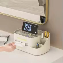 Clarify.pk plastic storage box with compartments holding phone and stationery on a desk