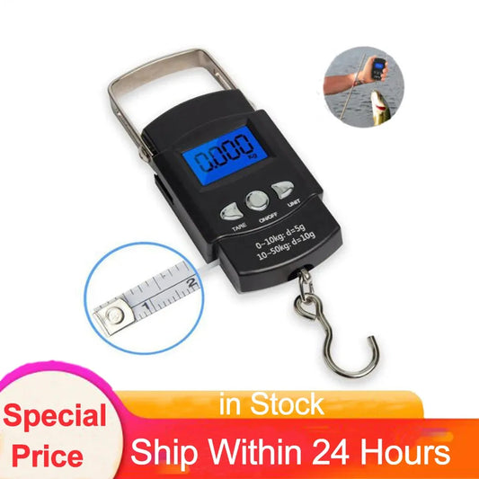 portable digital luggage scale with blue backlit display and metal hook for weighing bags