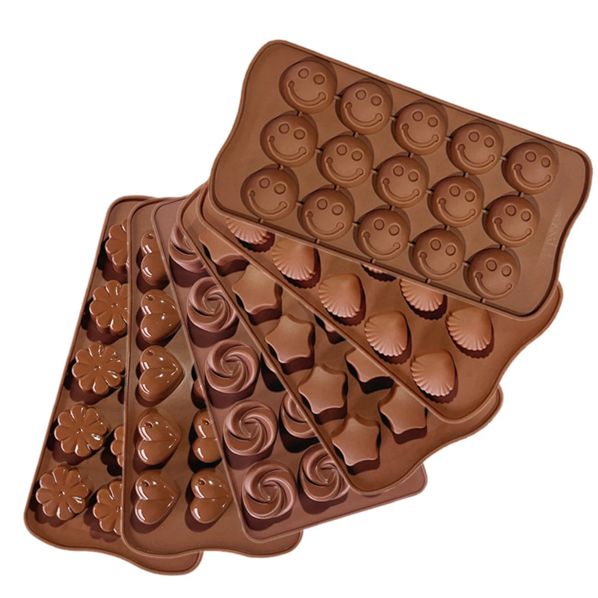 Clarify silicone chocolate mold set with various shapes including smiley faces hearts flowers and stars