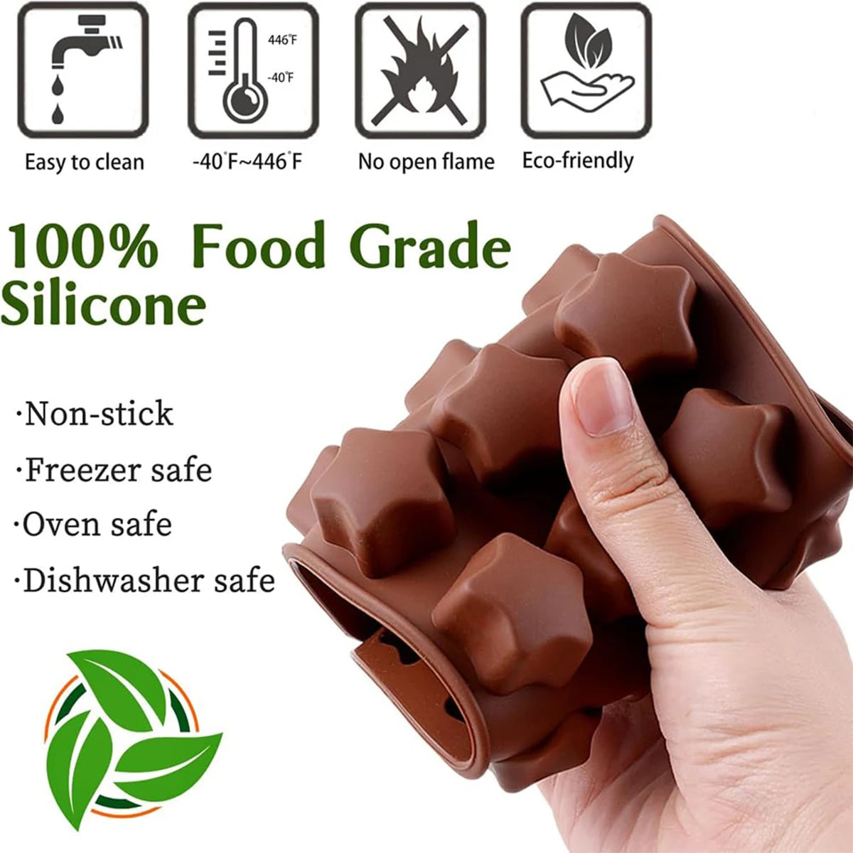 Hand holding brown silicone chocolate mold with star shapes made of 100 percent food grade silicone