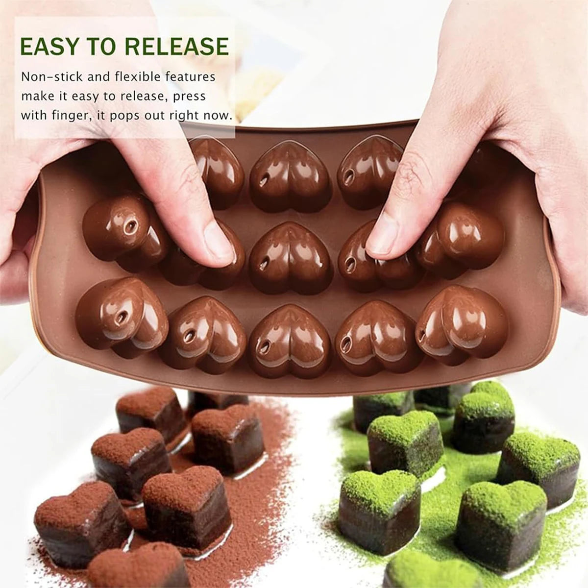 Hands pressing flexible silicone chocolate mold with heart-shaped cavities for easy release