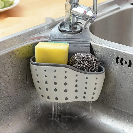 Clarify.pk sink hanging storage organizer with sponge and scrubber attached under kitchen faucet