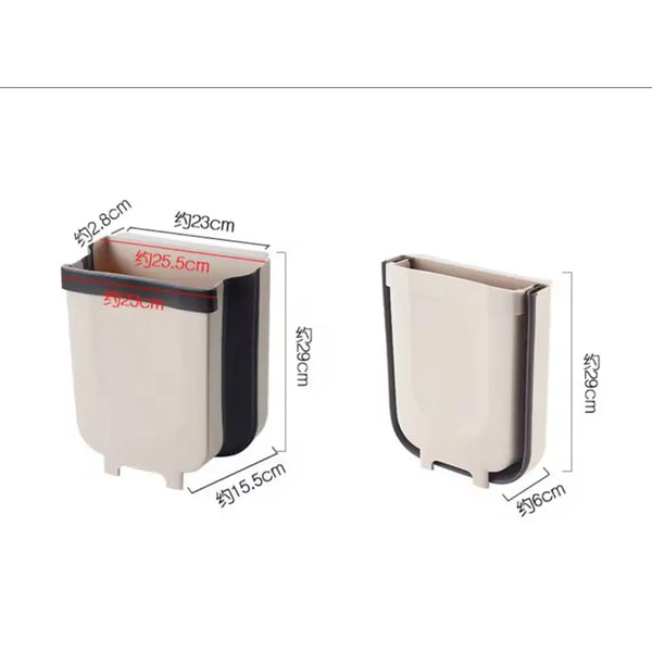 Compact wall mounted kitchen trash bin in beige with black trim and dimensions shown