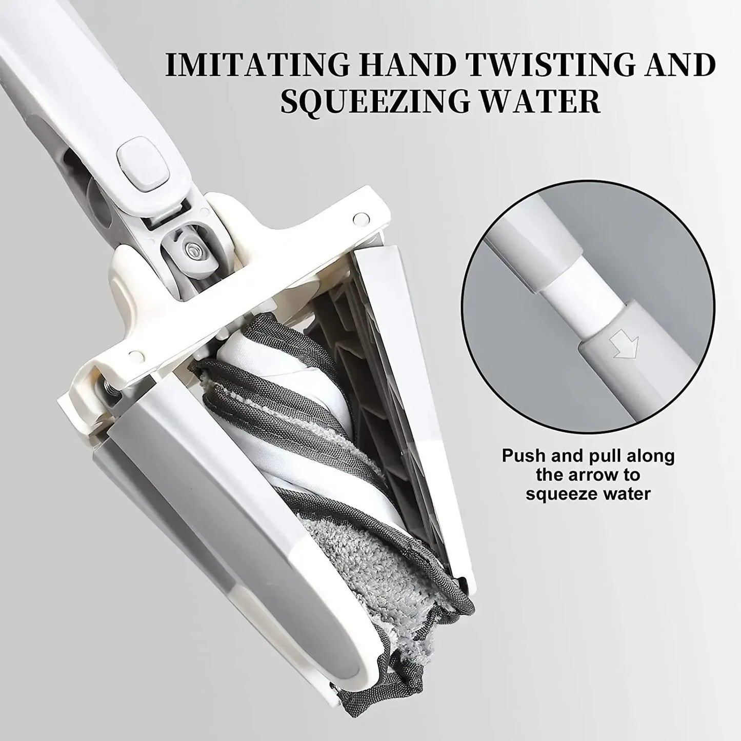 Clarify.pk X Type Flat Floor Mop showing hand twisting and squeezing water feature with push and pull mechanism