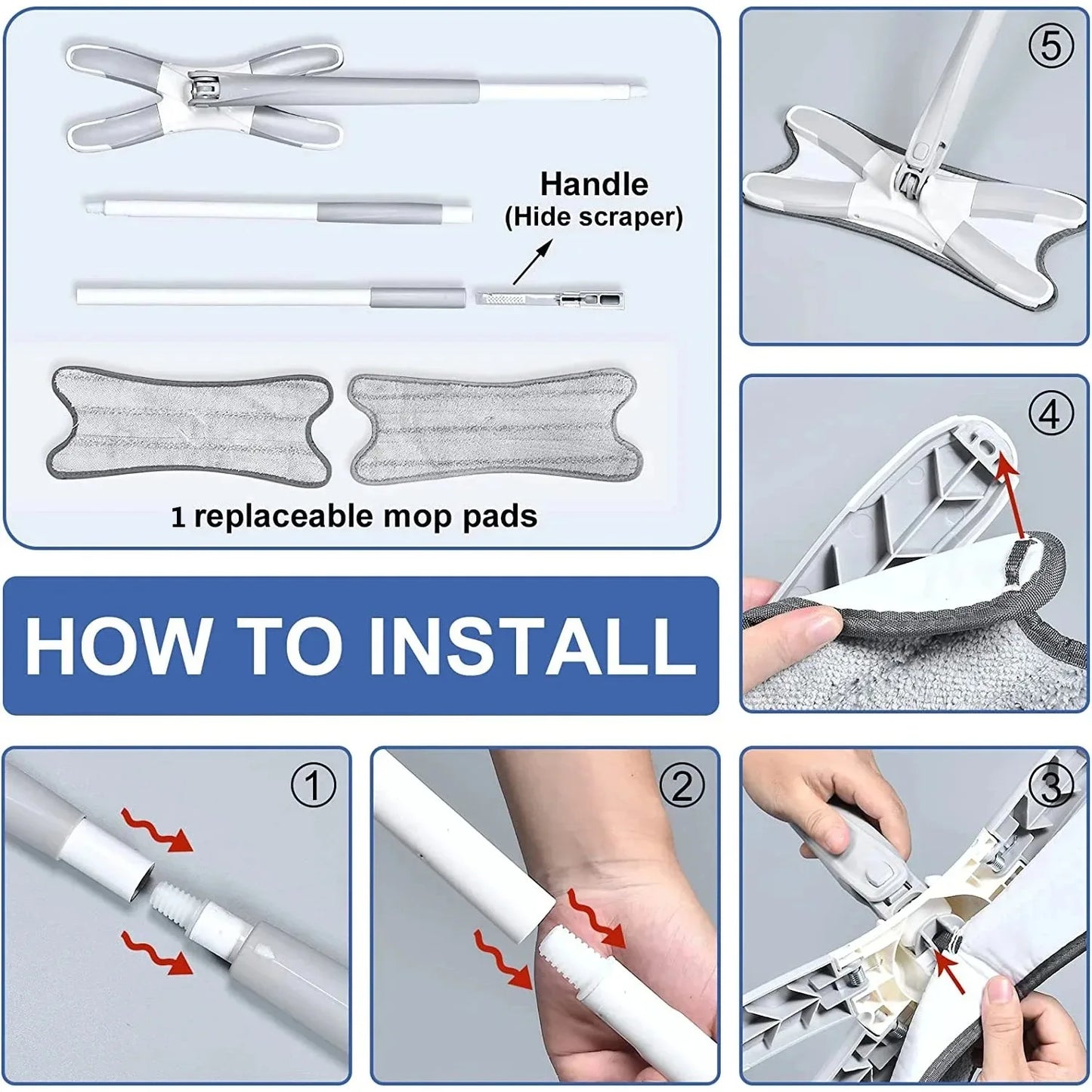 Clarify.pk X Type Flat Floor Mop with replaceable mop pads and assembly instructions for easy cleaning