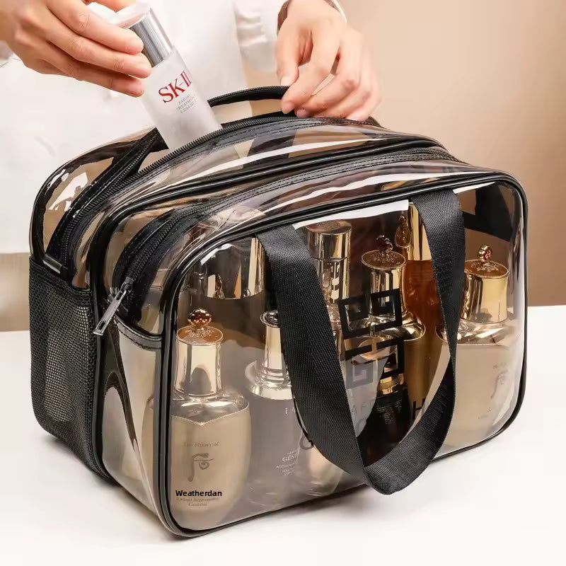 Clarify.pk waterproof toiletries cosmetics organizer clear cosmetic case with black handles and multiple compartments