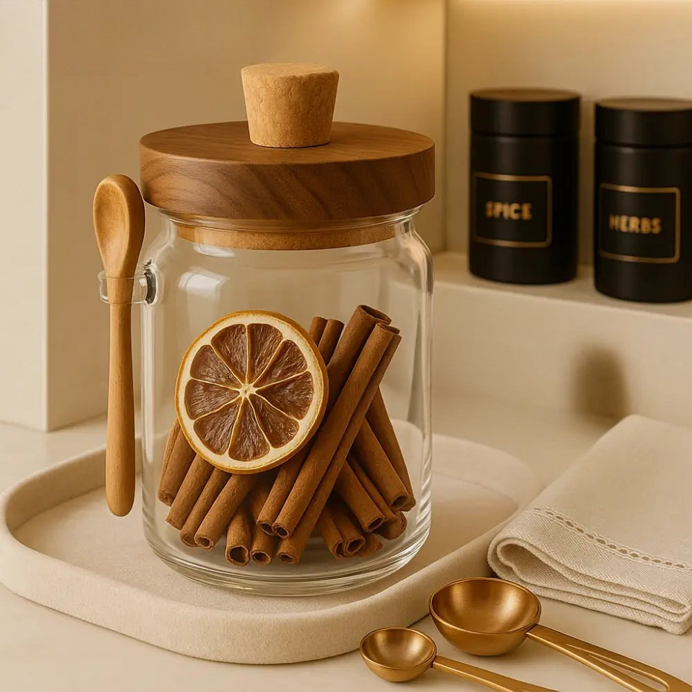 Clear glass jar with wooden lid filled with cinnamon sticks and dried orange slice on countertop