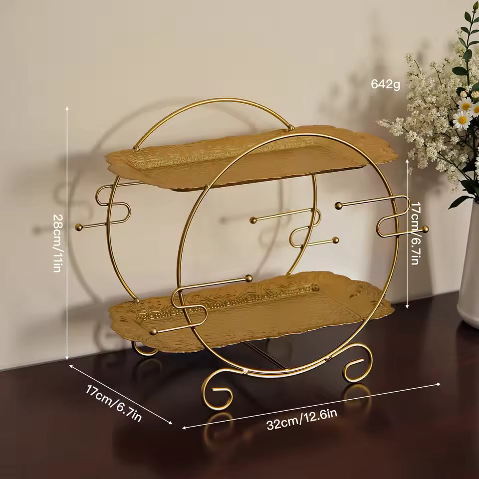 Clarify.pk 2 tier bathroom organizer with gold metal frame and decorative trays for bathroom storage