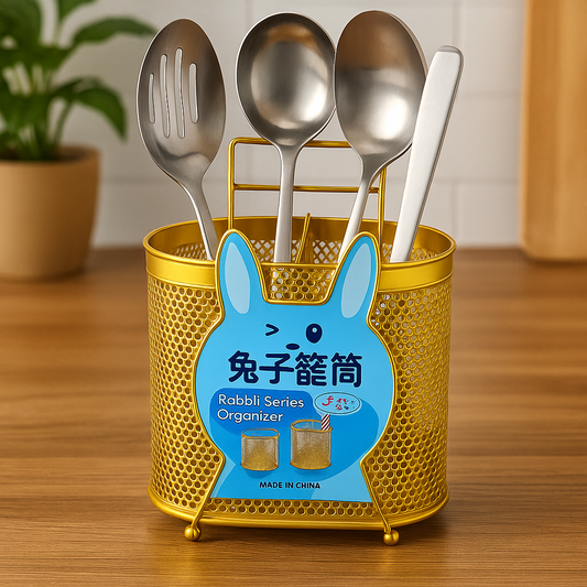 Clarify.pk golden bunny organizer holding kitchen utensils on wooden surface