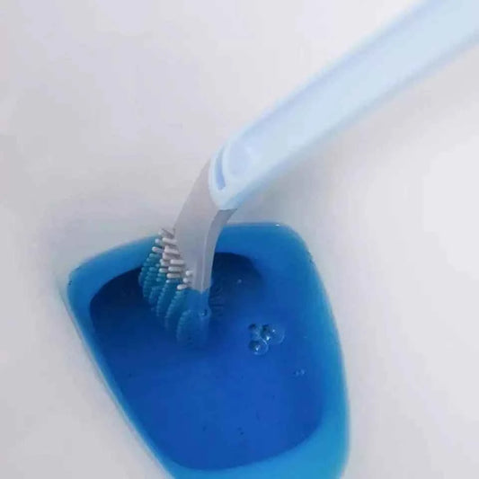 Golf toilet brush long handle with blue bristles cleaning inside a white toilet bowl