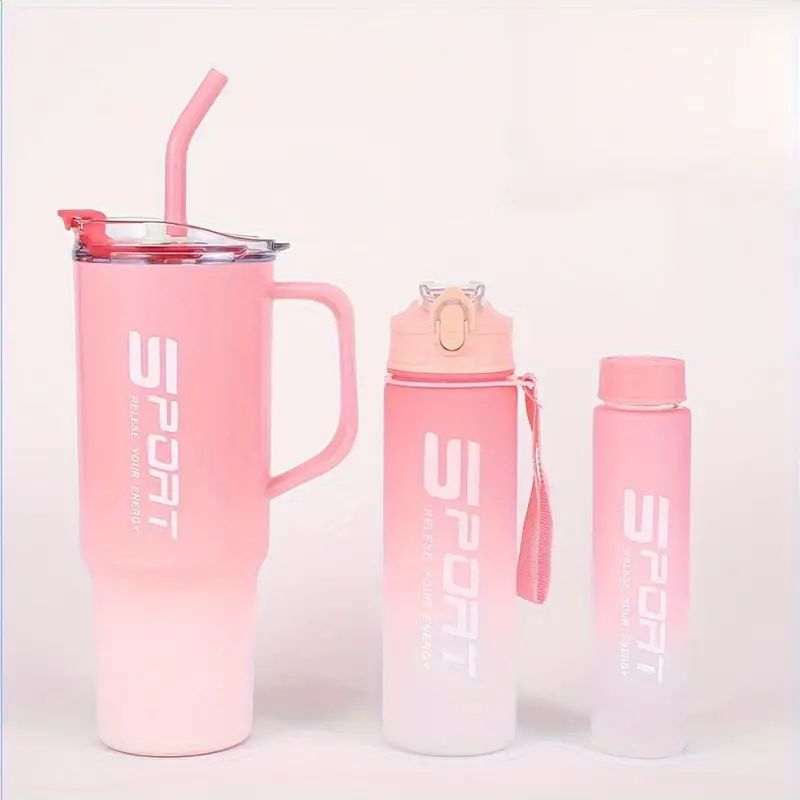 Clarify.pk 3 Pieces Water Bottle Set in pink gradient with sport logo and different lid styles