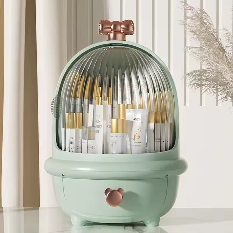 Clarify.pk high capacity cosmetic storage box in mint green with rose gold accents holding makeup products