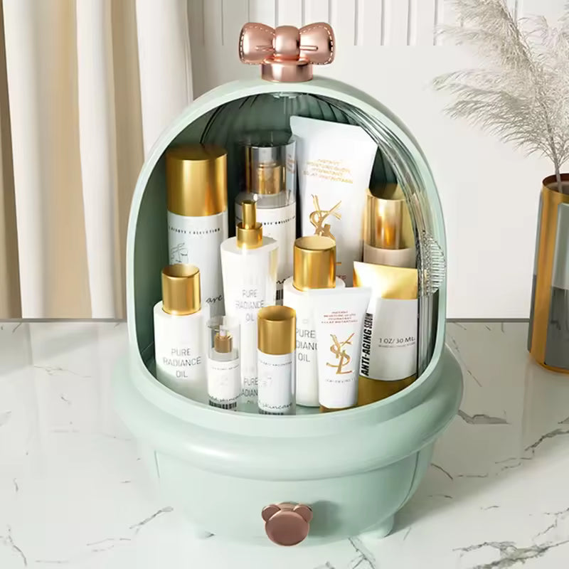 Clarify.pk high capacity cosmetic storage box in mint green holding gold and white skincare bottles