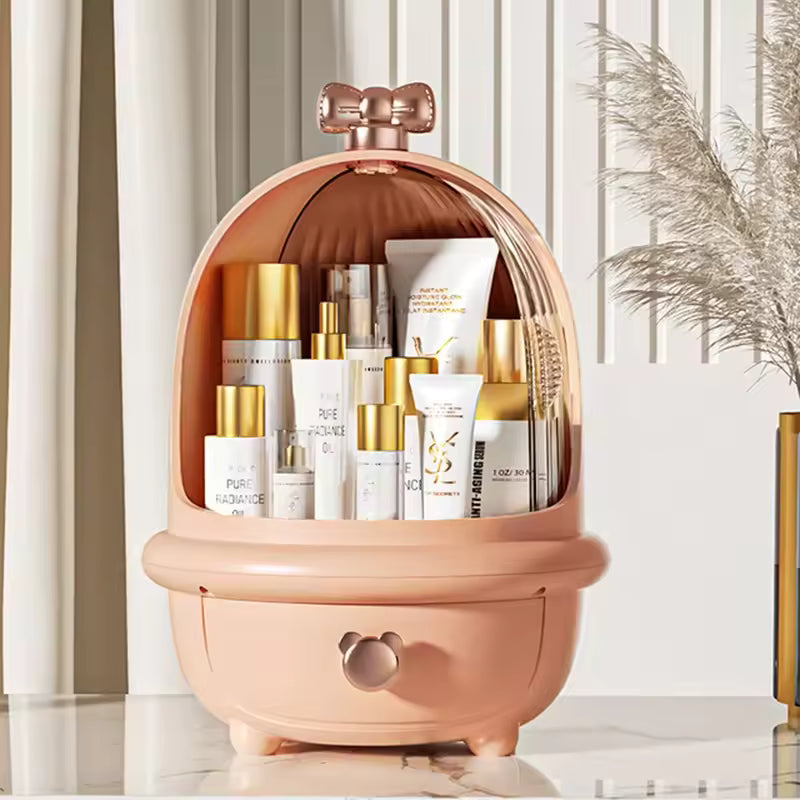 Clarify.pk high capacity cosmetic storage box in pink with multiple skincare products inside