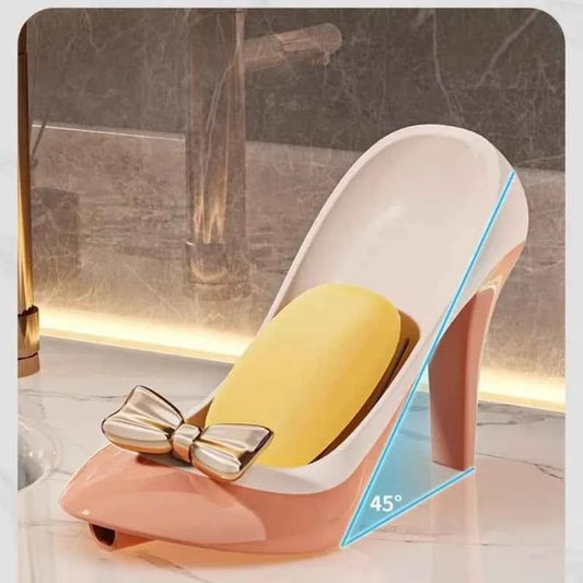Elegant high heel soap dish with bow design, perfect for stylish bathroom decor