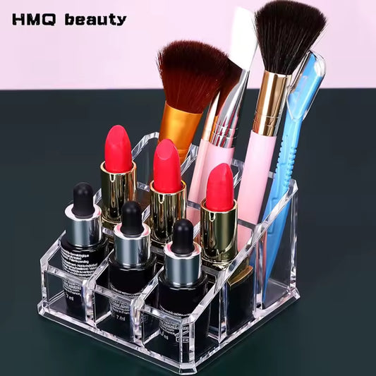 Clear acrylic 9 grid lipstick holder with lipsticks and makeup brushes organized in compartments