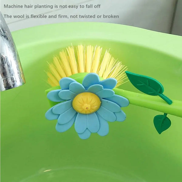 floral dish brush set with blue flower head yellow bristles and green leaf handle for kitchen cleaning