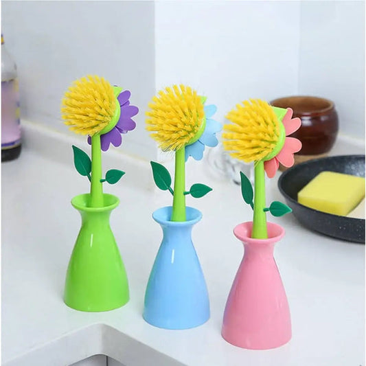 Clarify pk floral dish brush set three flower shaped scrub brushes with holders in green blue and pink for kitchen countertops