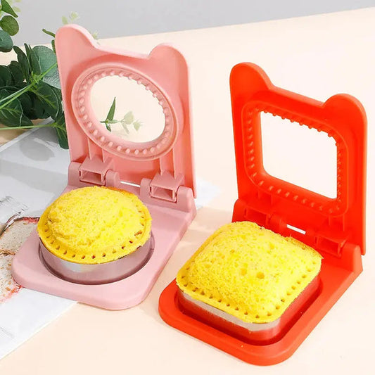 sandwich cutter and sealer two bear ear plastic molds in pink and red for round and square sealed sandwiches