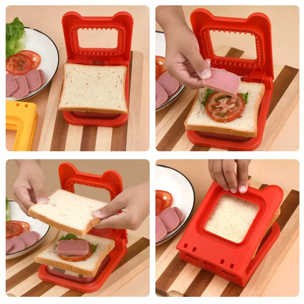 Red sandwich cutter and sealer on a wooden board making sealed pocket sandwiches with bread lettuce tomato and ham