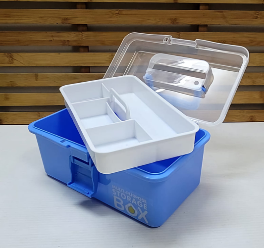 Blue multi-purpose storage box with clear hinged lid removable white divided tray and top handle