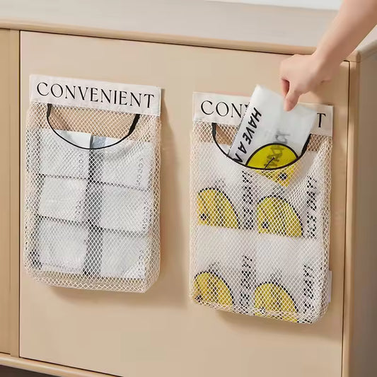 Clarify pk mesh cabinet hanging pouch for kitchen storage showing hand inserting bag garbage bag dispenser organizer