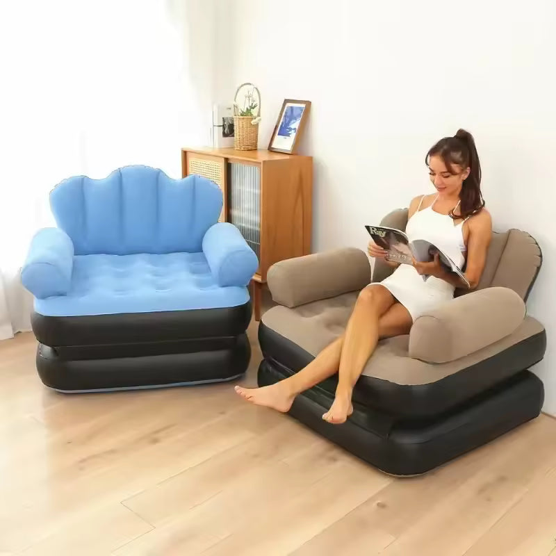 Clarify.pk inflatable sofa bed in blue and brown with cushioned armrests for comfortable lounging